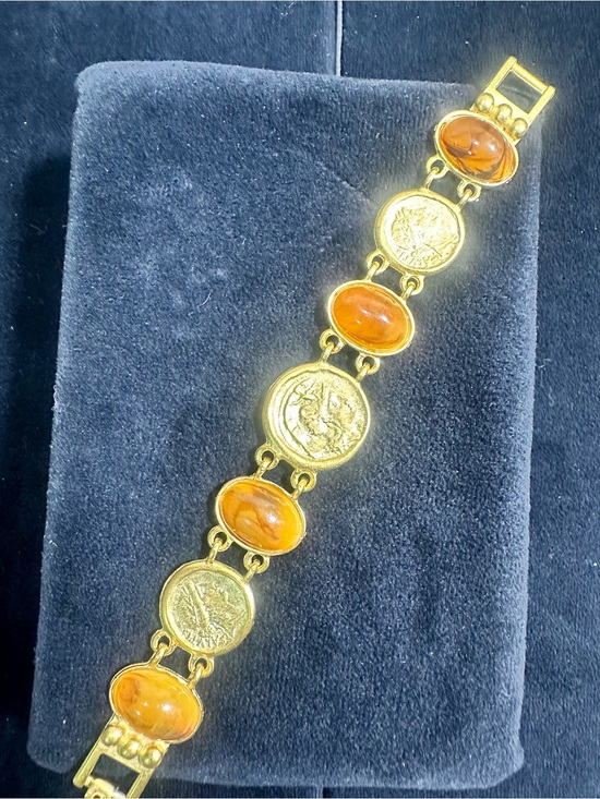 Roman Greek  unknown maker Jewelry - True Vtg 1980’s -90’s Matte Greek Coin & Lucite Cabochon Panel Bracelet /USA